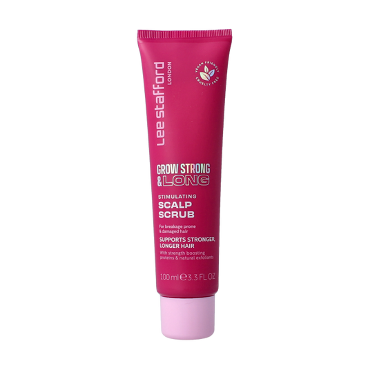 Lee Stafford Grow Long & Strong scalp scrub in a 100ml bottle, for stimulating hair and scalp care.