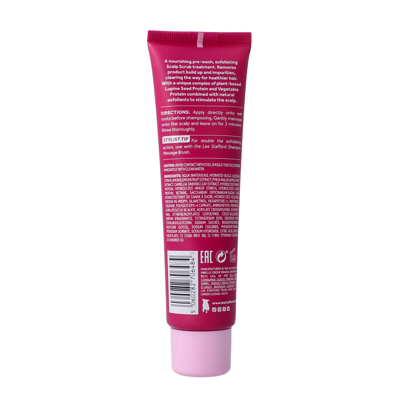 Lee Stafford Grow Long & Strong scalp scrub bottle for hair care, showing the 100ml product with label details.