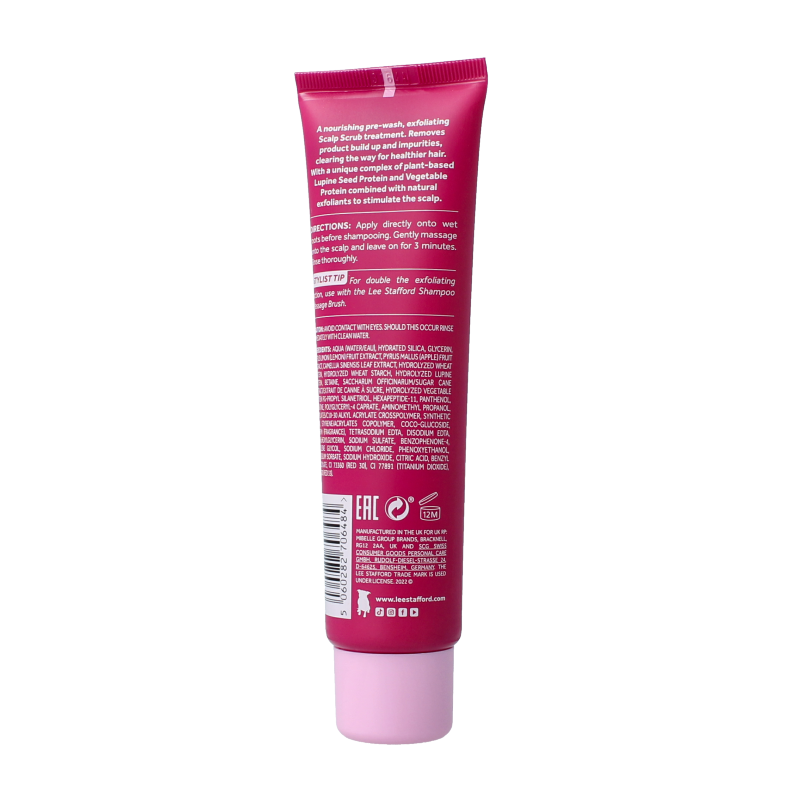 Lee Stafford Grow Long & Strong stimulating scalp scrub in a 100ml jar, designed for hair care and scalp revitalization.