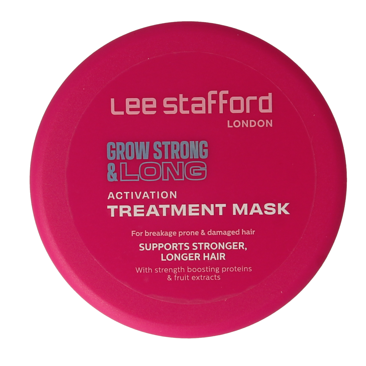 Lee Stafford Grow Long & Strong activation treatment mask in 200ml jar, nourishing hair care product for healthier, stronger hair.