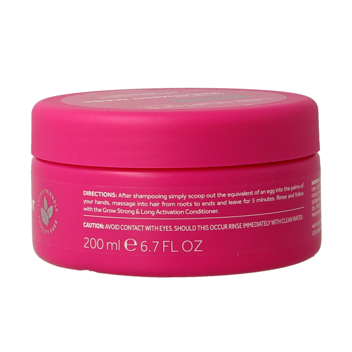 Lee Stafford Grow Long & Strong activation treatment mask in a 200ml jar, designed for hair care and strengthening hair.
