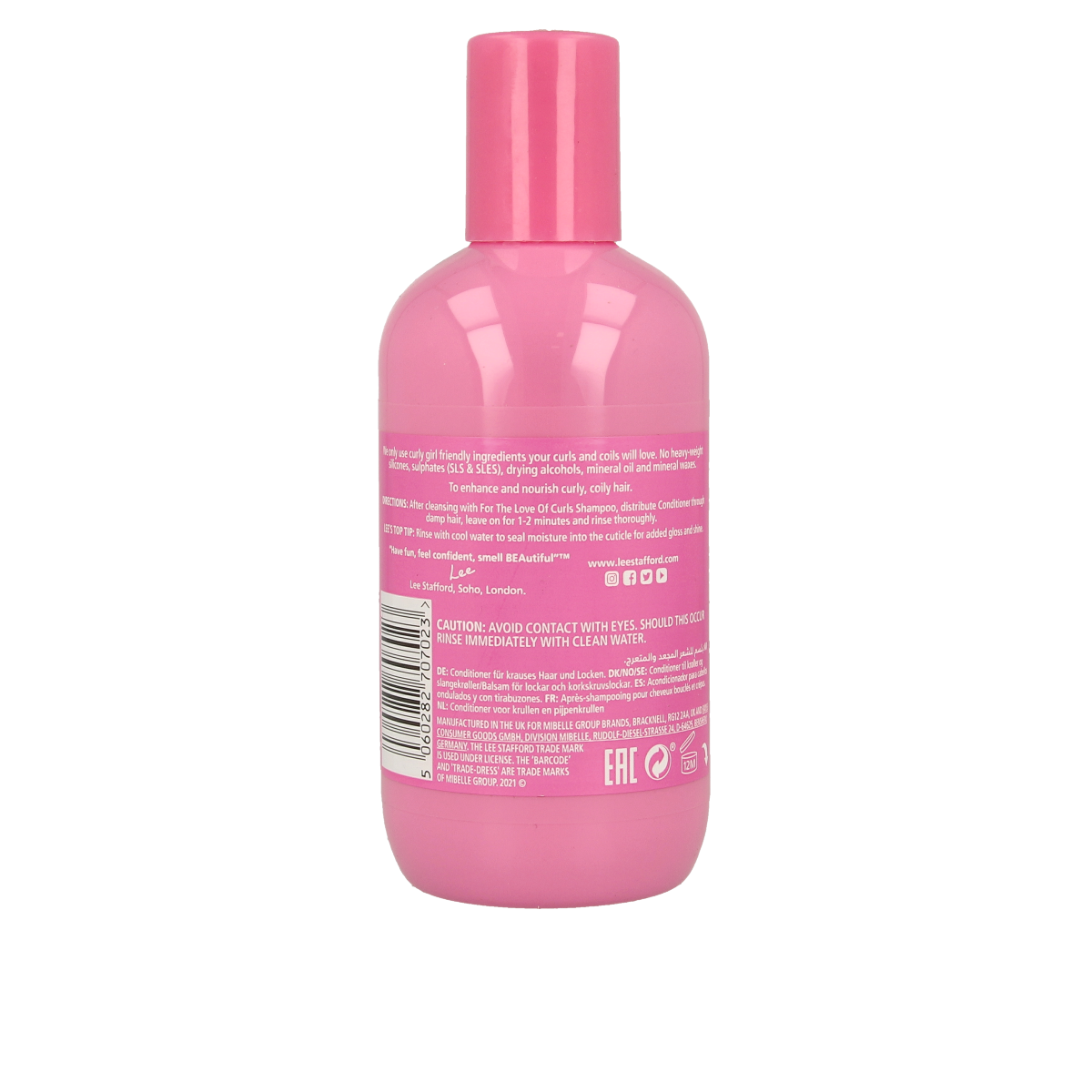 Lee Stafford For the Love of Curls conditioner 250ml, hydrating hair care product for curly hair, in a white bottle with a pink label.