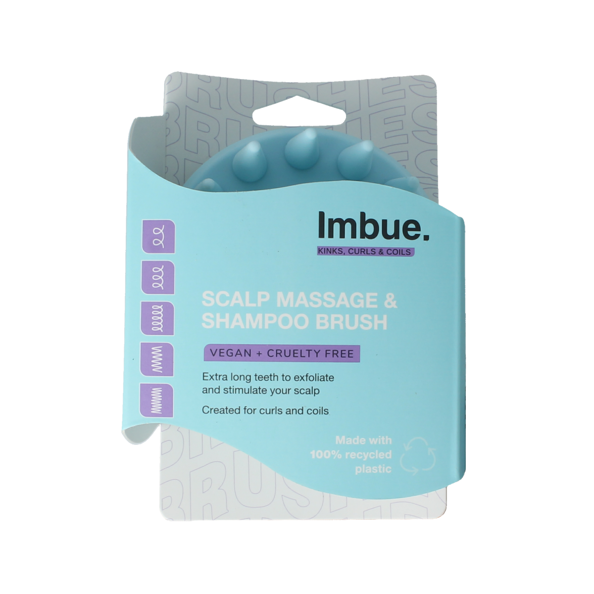 Imbue scalp and shampoo brush for hair styling, featuring soft bristles and ergonomic handle for gentle scalp cleansing and hair care.