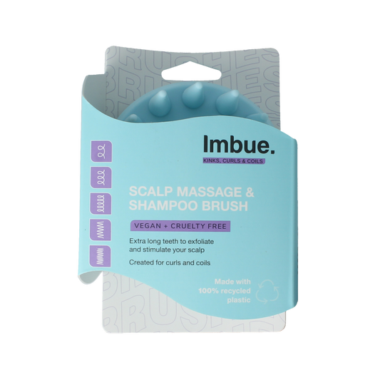 Imbue scalp and shampoo brush for hair styling, featuring soft bristles and ergonomic handle for gentle scalp cleansing and hair care.