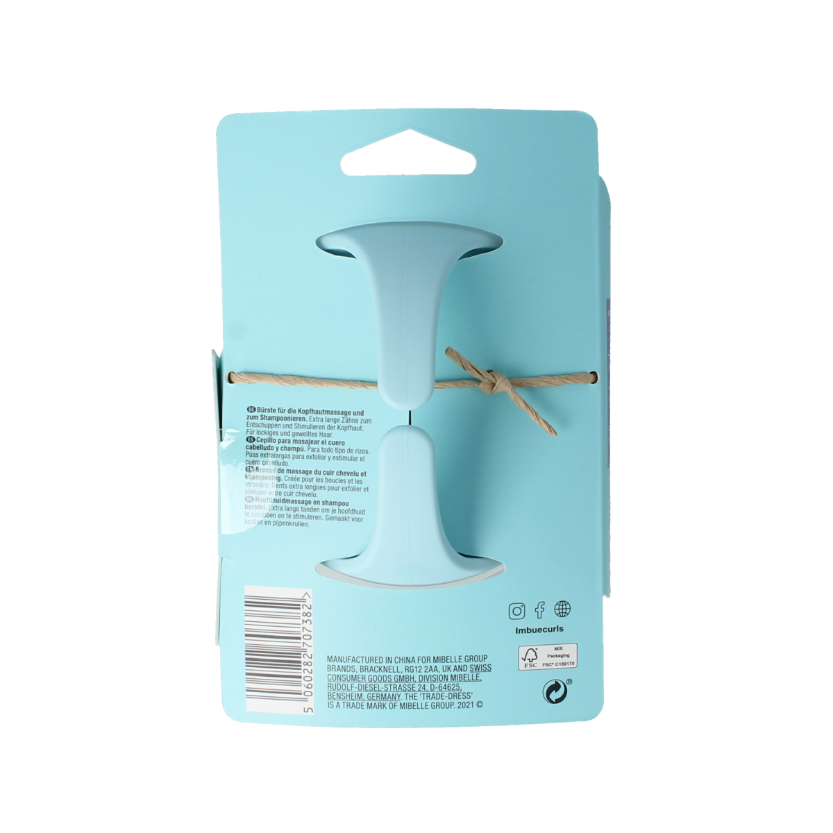 Imbue scalp and shampoo brush for hair styling, showing a close-up of the black brush with soft bristles on a white background.