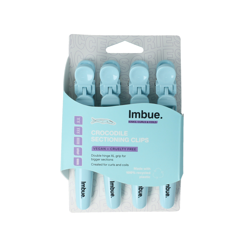 Imbue Haarstyling sectioning clips, set of 4, for easy hair sectioning and styling. Durable plastic clips with metal springs.
