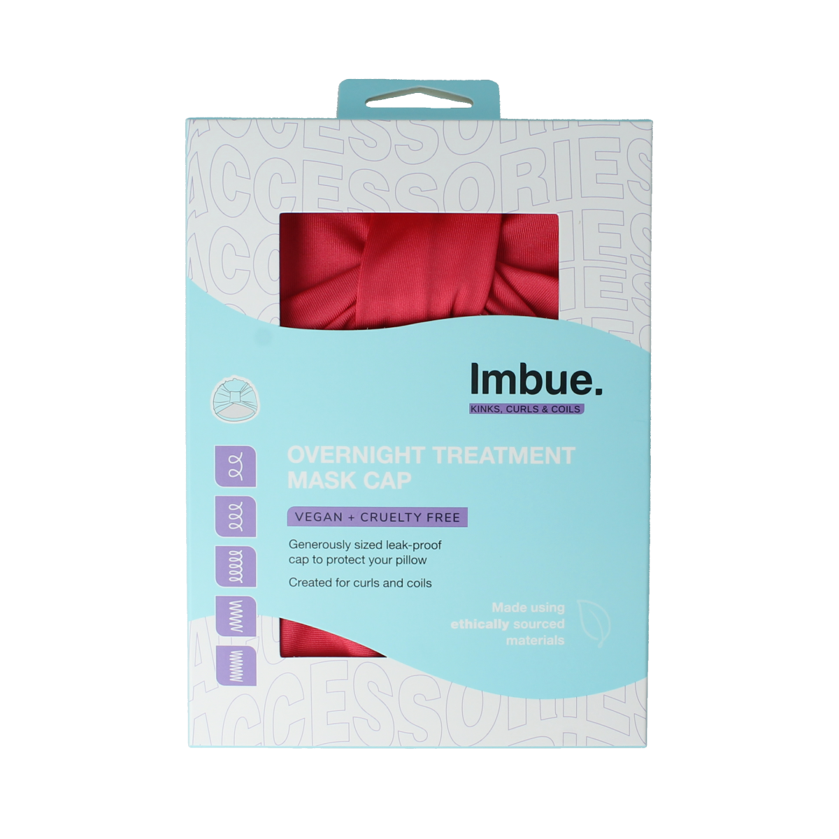 Imbue Treatment mask cap for hair, shown in a close-up image, featuring a black, lightweight, reusable hair treatment cap.