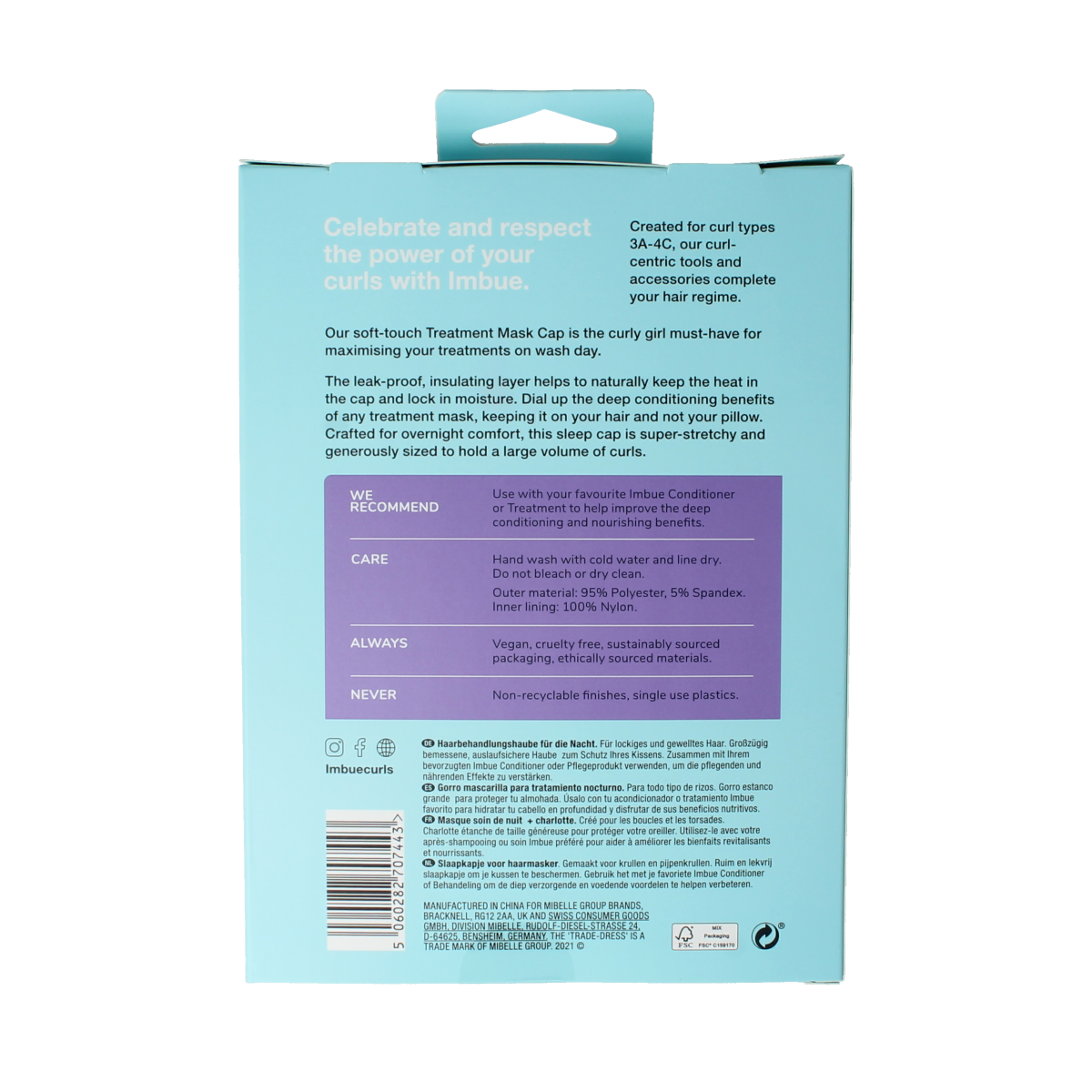 Imbue Treatment mask cap, a black hair treatment hat, shown flat with adjustable strap, for deep conditioning and hair care.
