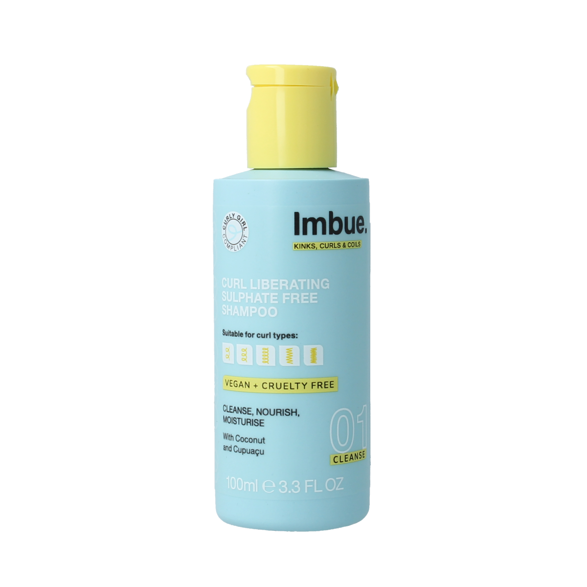 Imbue Curl Liberate Shampoo with sulphur-free formula, 100ml, for curly hair care, featuring a clear bottle and label.