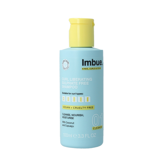 Imbue Curl Liberate Shampoo with sulphur-free formula, 100ml, for curly hair care, featuring a clear bottle and label.