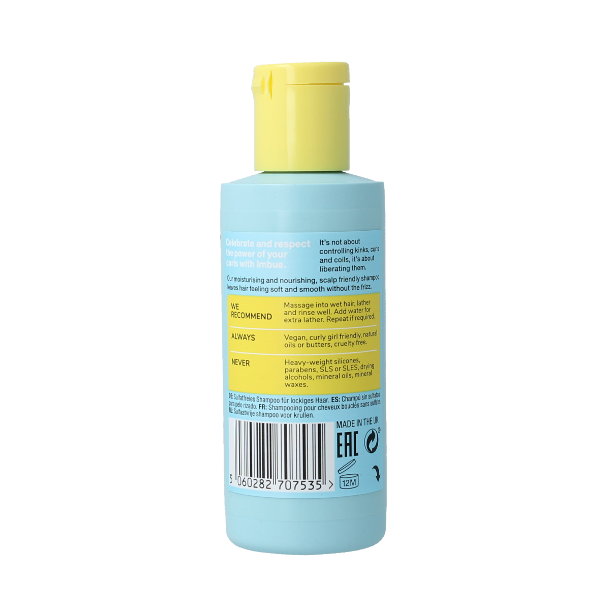 Imbue Curl Liberate shampoo with sulfur-free formula, 100ml, designed for curly hair care and hair cleansing.