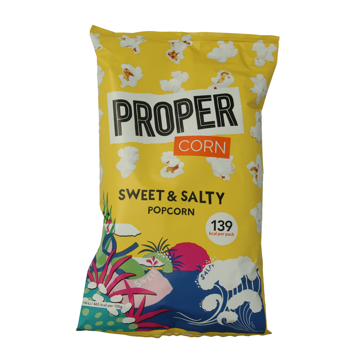 Proper Corn sweet and salty popcorn chips in a 30g bag, showcasing crispy popcorn with a sweet and salty flavor.