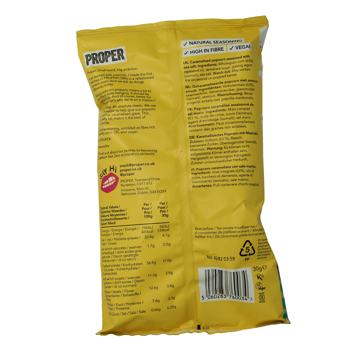 Proper Corn sweet and salty popcorn chips in a 30g bag, crispy snack with a mix of sweet and salty flavors.