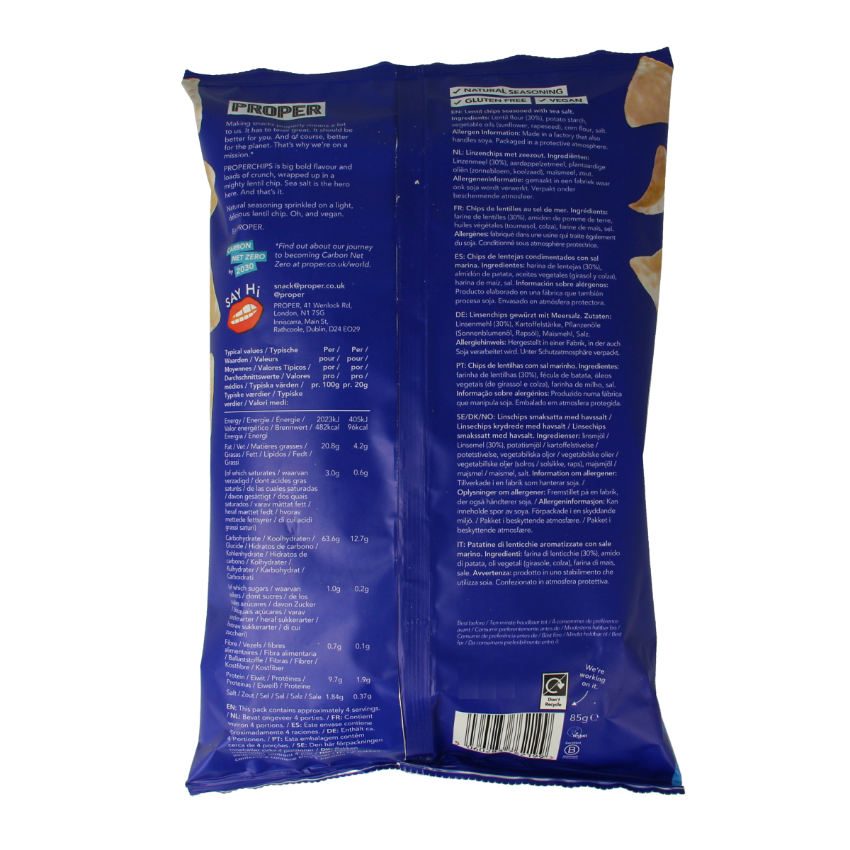 Proper Chips sea salt gluten-free chips in 85g bag, showing golden, crispy potato chips with sea salt seasoning.