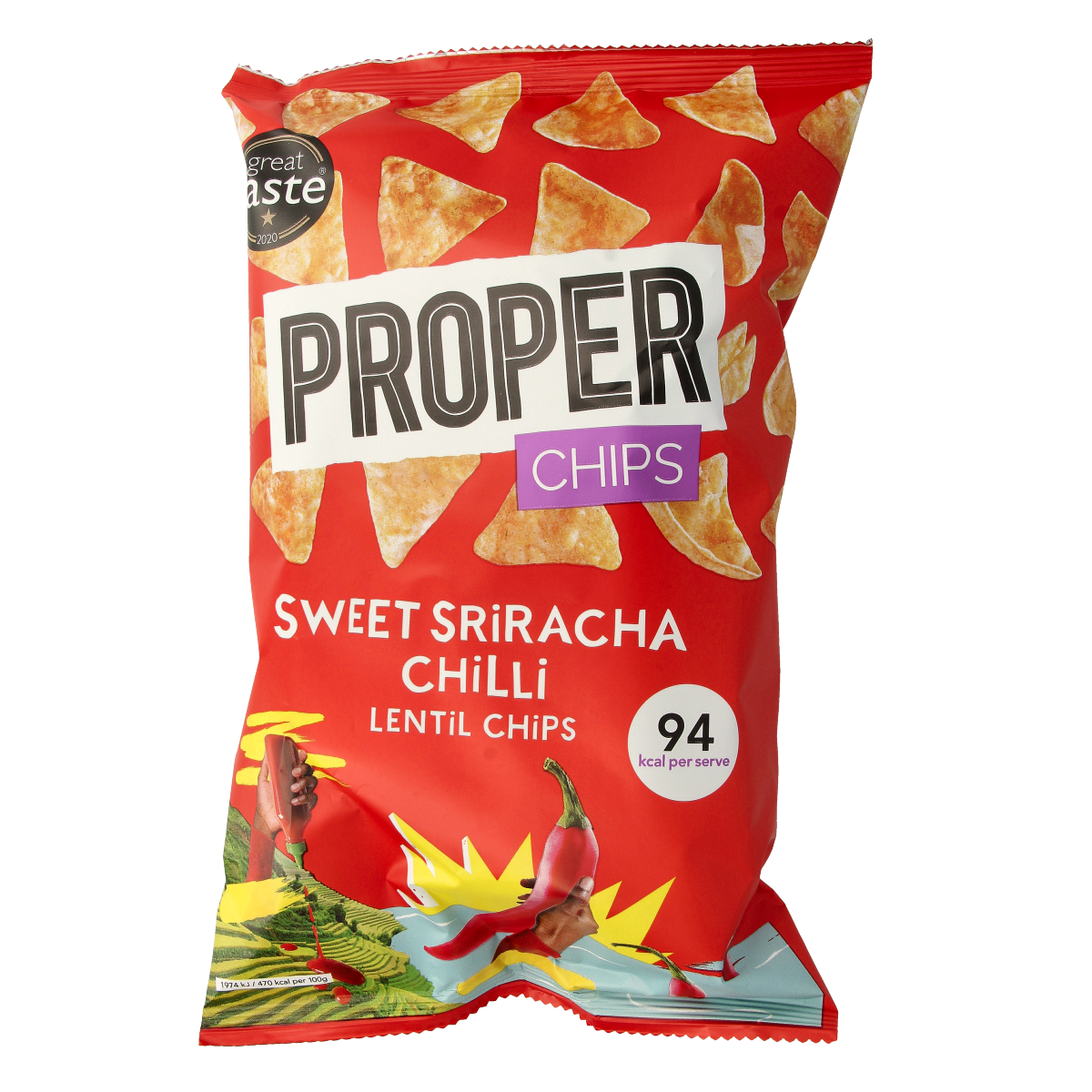 Proper Chips sweet sriracha gluten-free chips in an 85g bag, showing crispy, flavored chips with bright red sriracha seasoning.