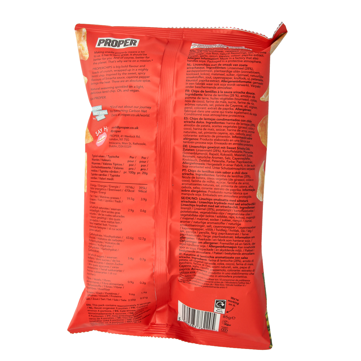 Proper Chips sweet sriracha gluten-free chips in 85g bag, featuring vibrant spicy and sweet flavor, crispy snack from Proper Chips.