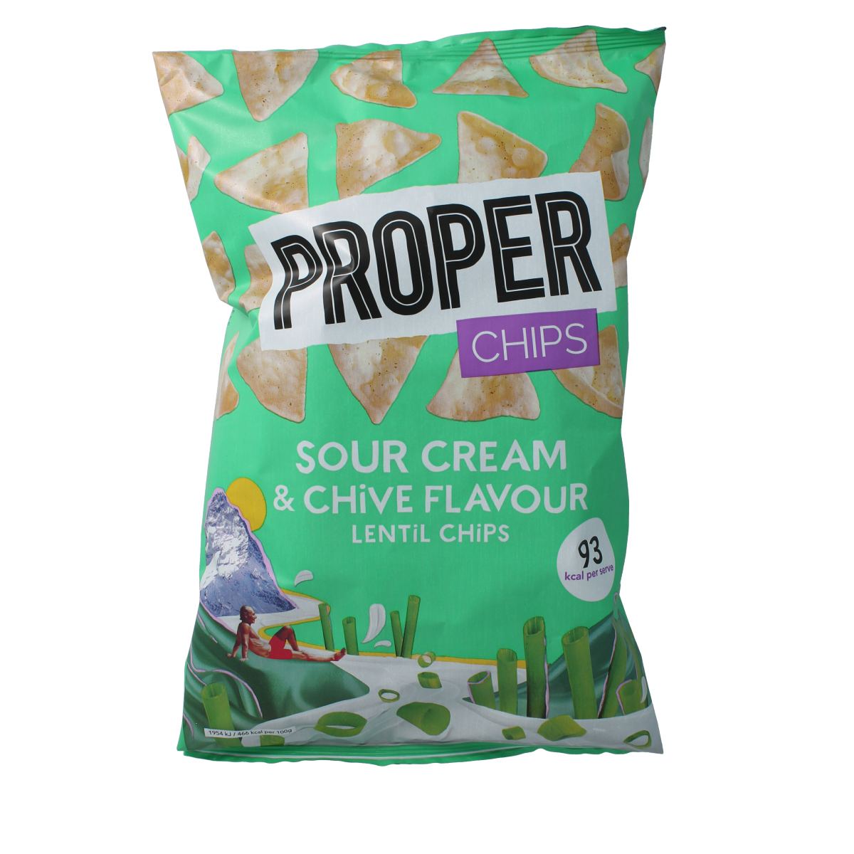 Proper Chips sour cream & chive flavor chips and zoutjes in 85g package, featuring crispy chips with creamy and savory toppings.
