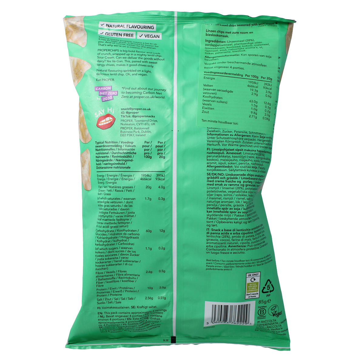 Proper Chips sour cream and chive flavor salty chips in 85g bag, crispy snack with green chive seasoning and sour cream coating.