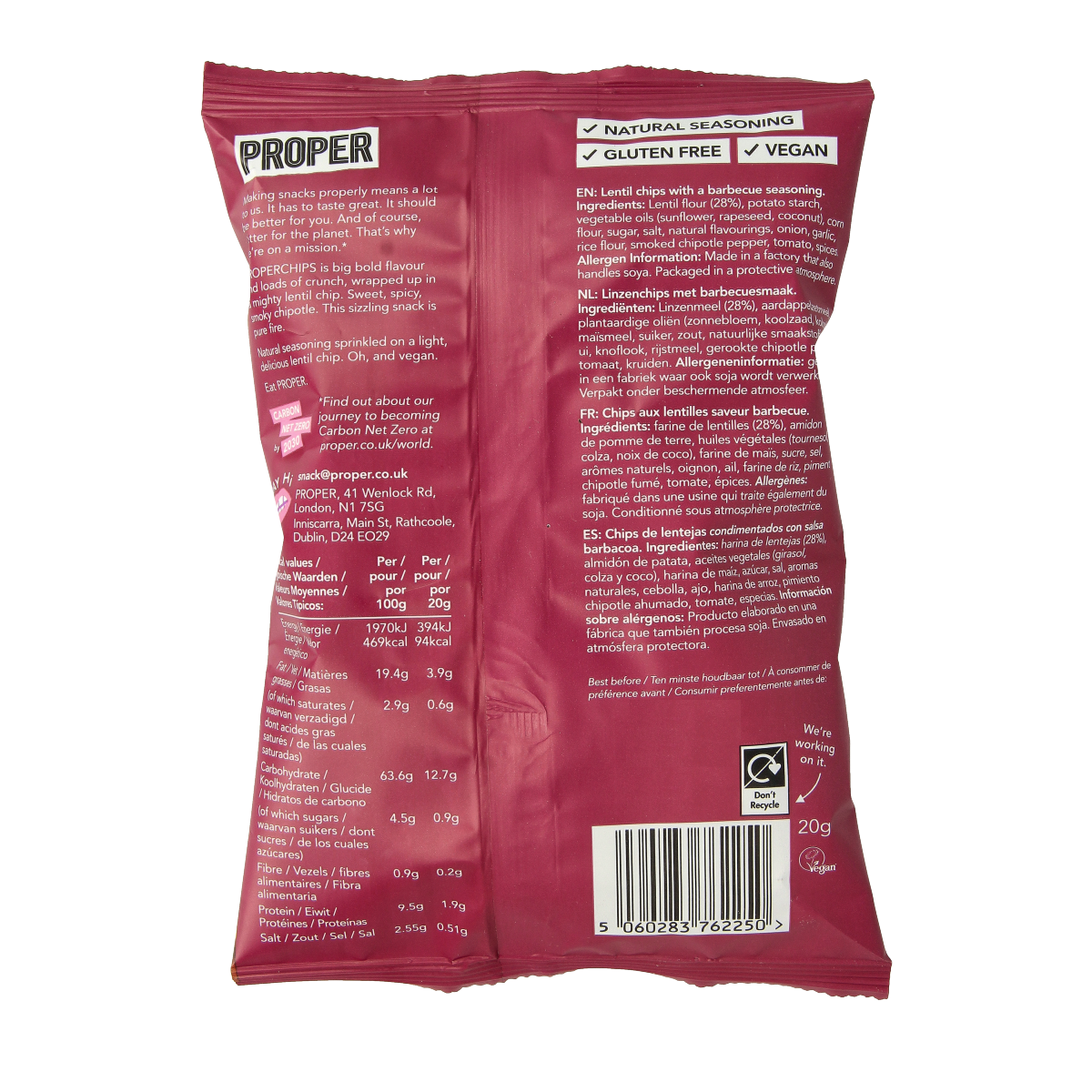 Proper Chips barbecue gluten-free chips in a 20g bag, featuring crispy chips with smoky barbecue flavor.