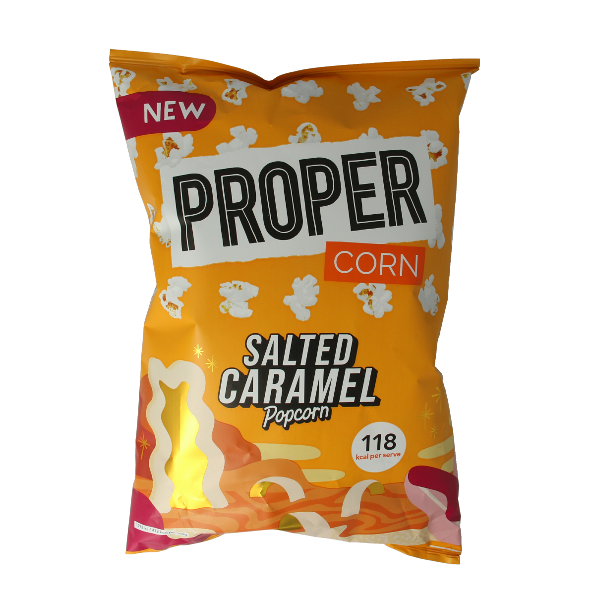 Proper Corn salted caramel popcorn snack in a 90g bag, showing crunchy popcorn coated with salted caramel.