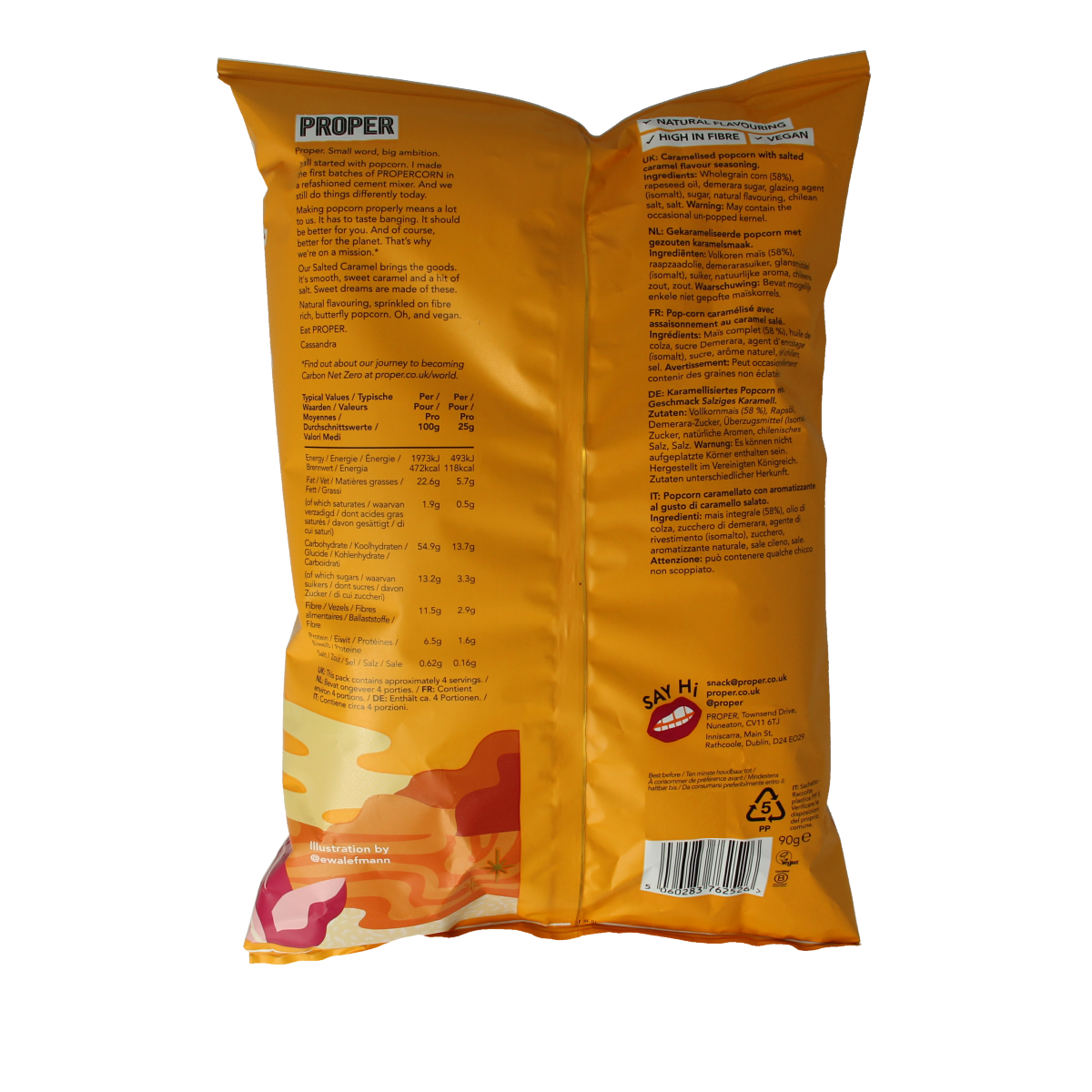 Proper Corn salted caramel popcorn snack in a 90g bag, featuring crunchy popcorn coated with sweet caramel flavor.