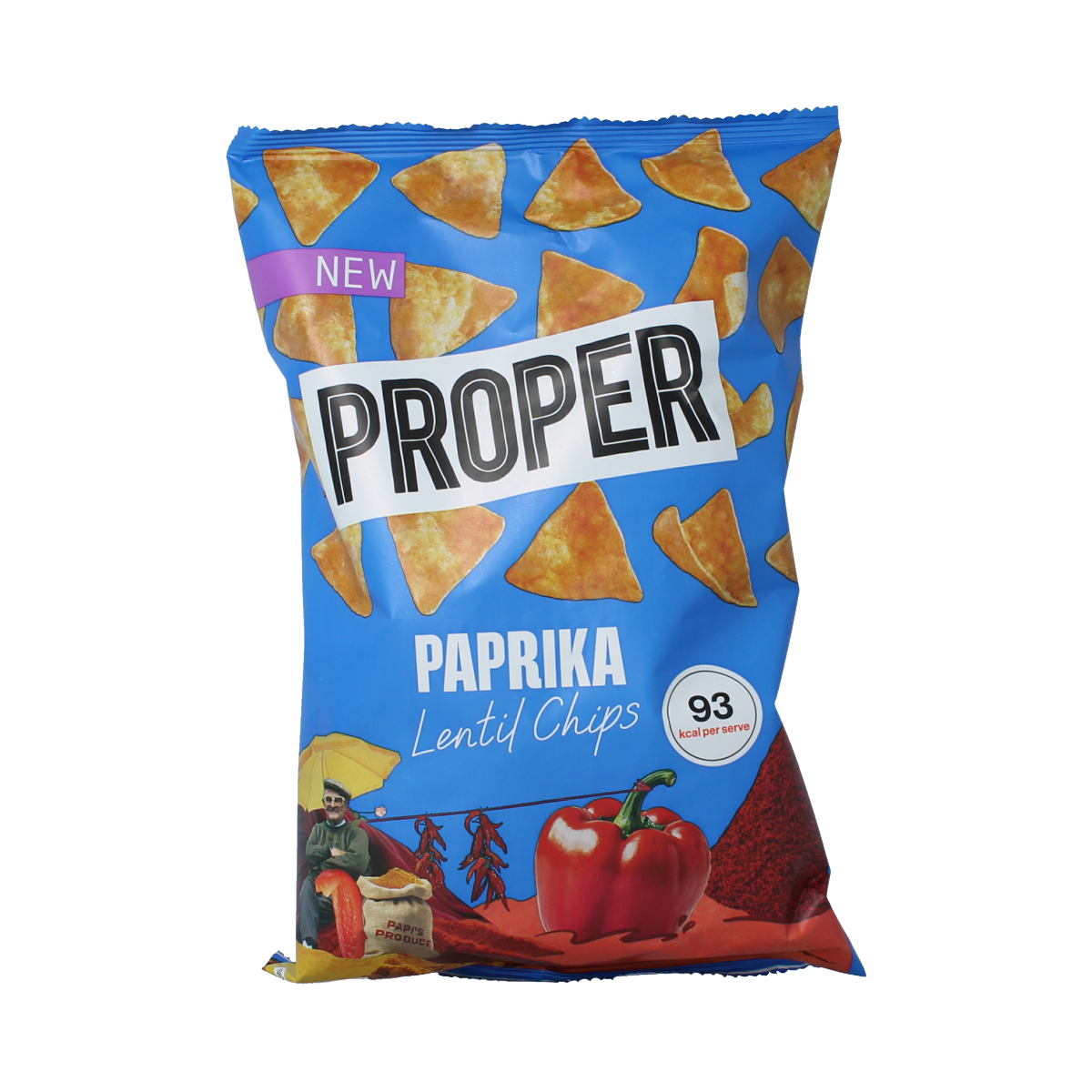 Proper Chips paprika gluten-free chips in 85g bag with vibrant paprika seasoning and crispy texture.