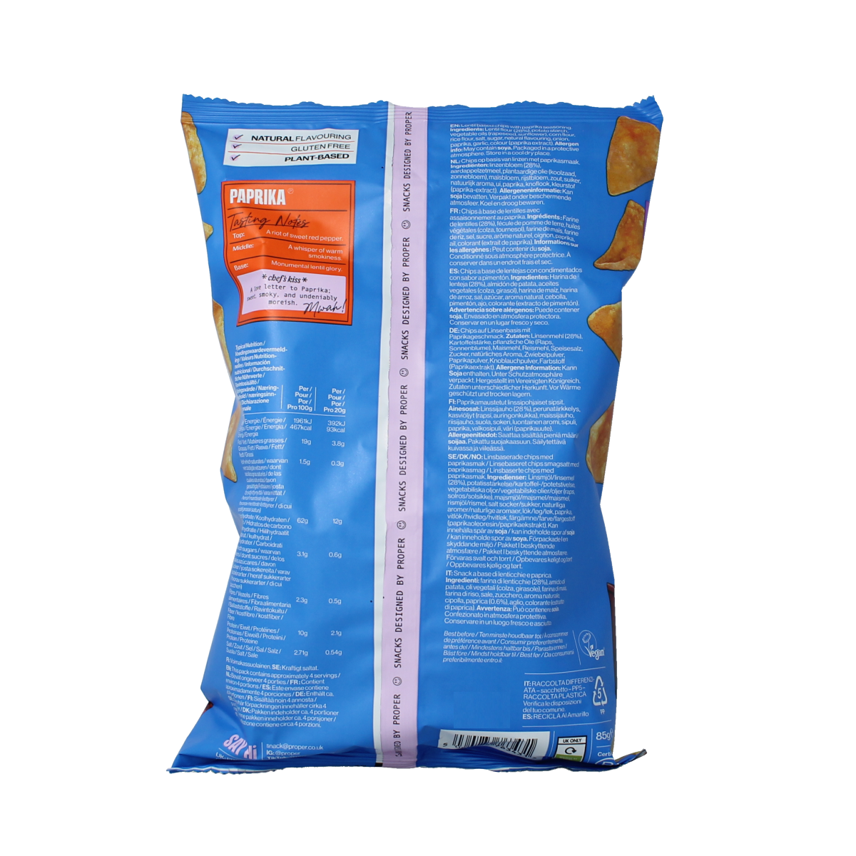 Proper Chips paprika gluten-free chips in 85g bag, crispy snack with paprika flavor from Proper Chips.