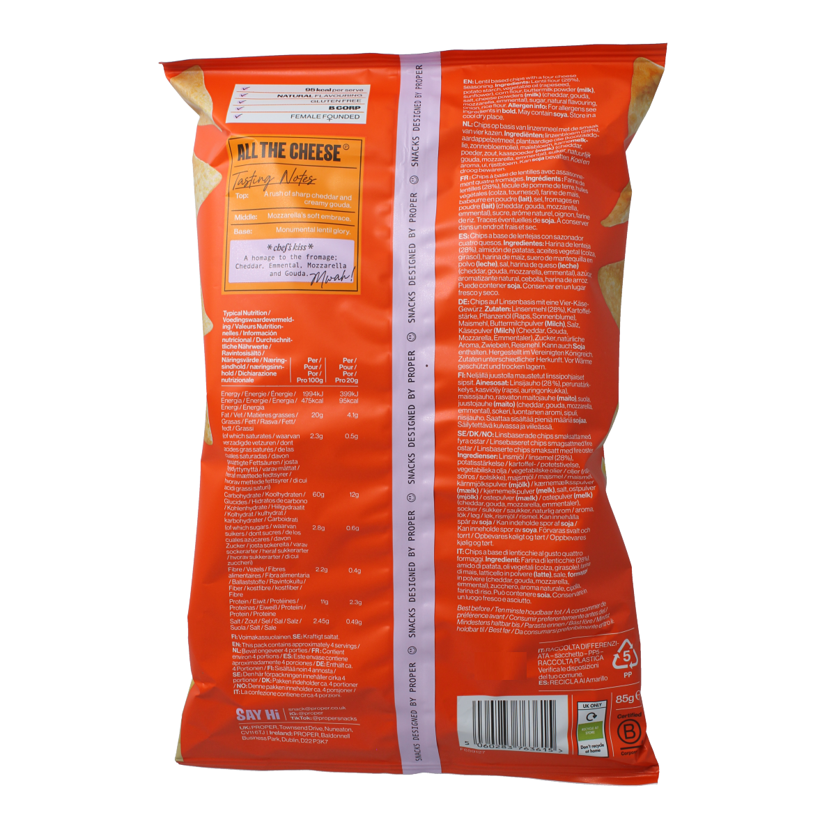 Proper Chips all the cheese gluten-free chips in an 85g bag, showing crispy cheese-flavored snack pieces.