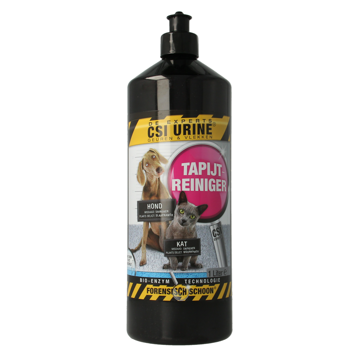 Csi Urine Tapijtreiniger 1 liter for pet urine stain removal, in a clear plastic bottle with a spray nozzle.