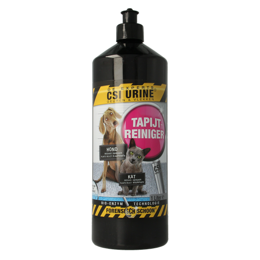 Csi Urine Tapijtreiniger 1 liter for pet urine stain removal, in a clear plastic bottle with a spray nozzle.