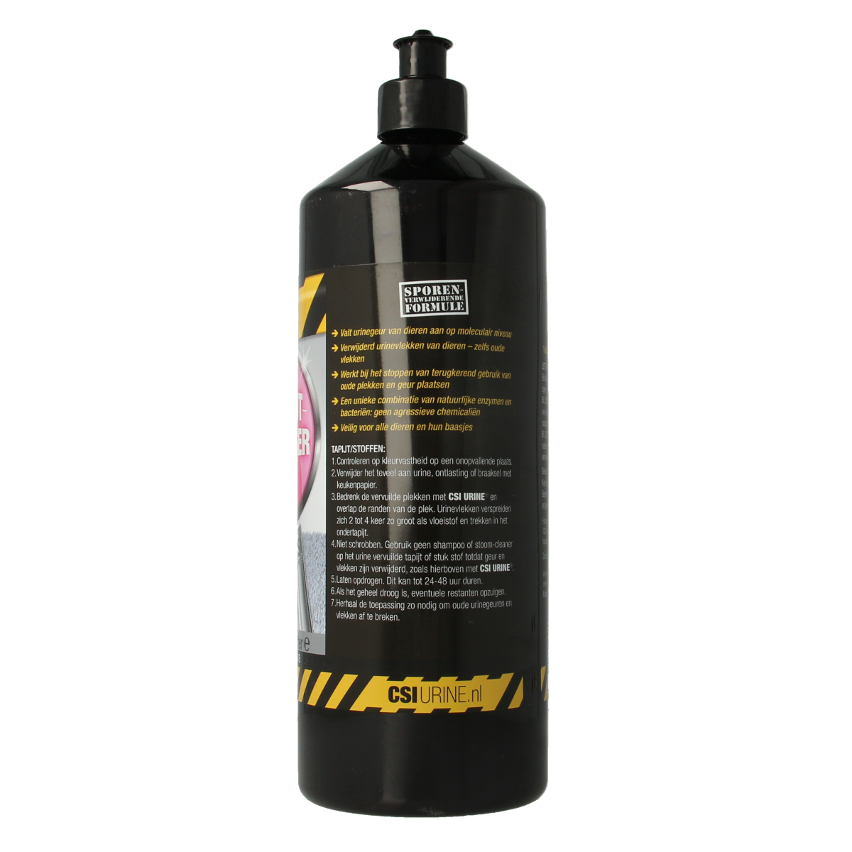 Csi Urine Tapijtreiniger 1 liter for pet urine stain removal, in a clear bottle with a label showing cleaning solution.