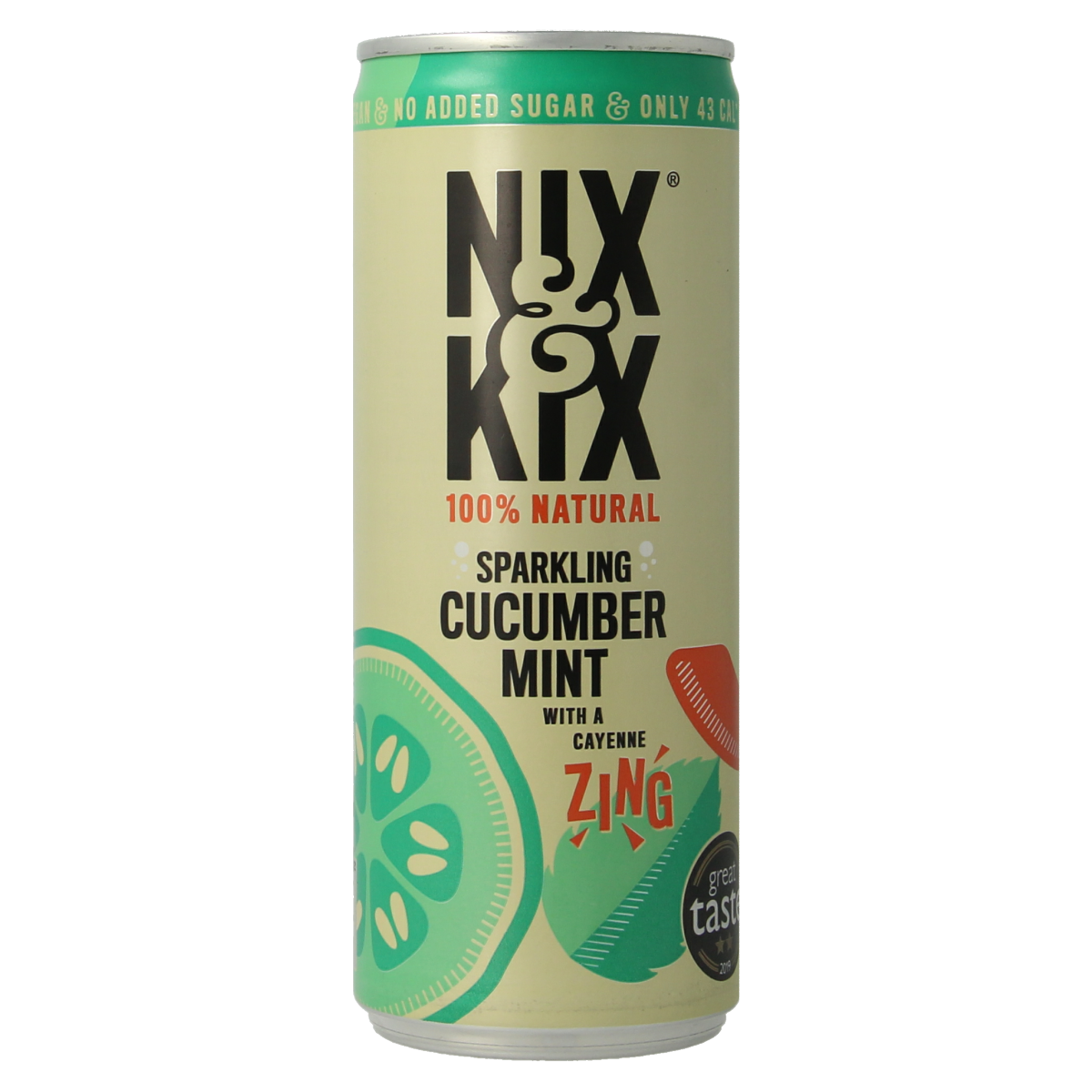 Nix & Kix cucumber mint flavored drink can, 250ml, in a silver aluminum container with green and white design elements.