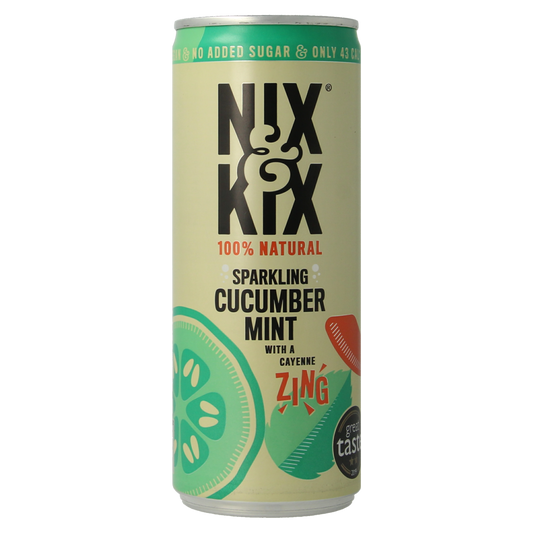 Nix & Kix cucumber mint flavored drink can, 250ml, in a silver aluminum container with green and white design elements.