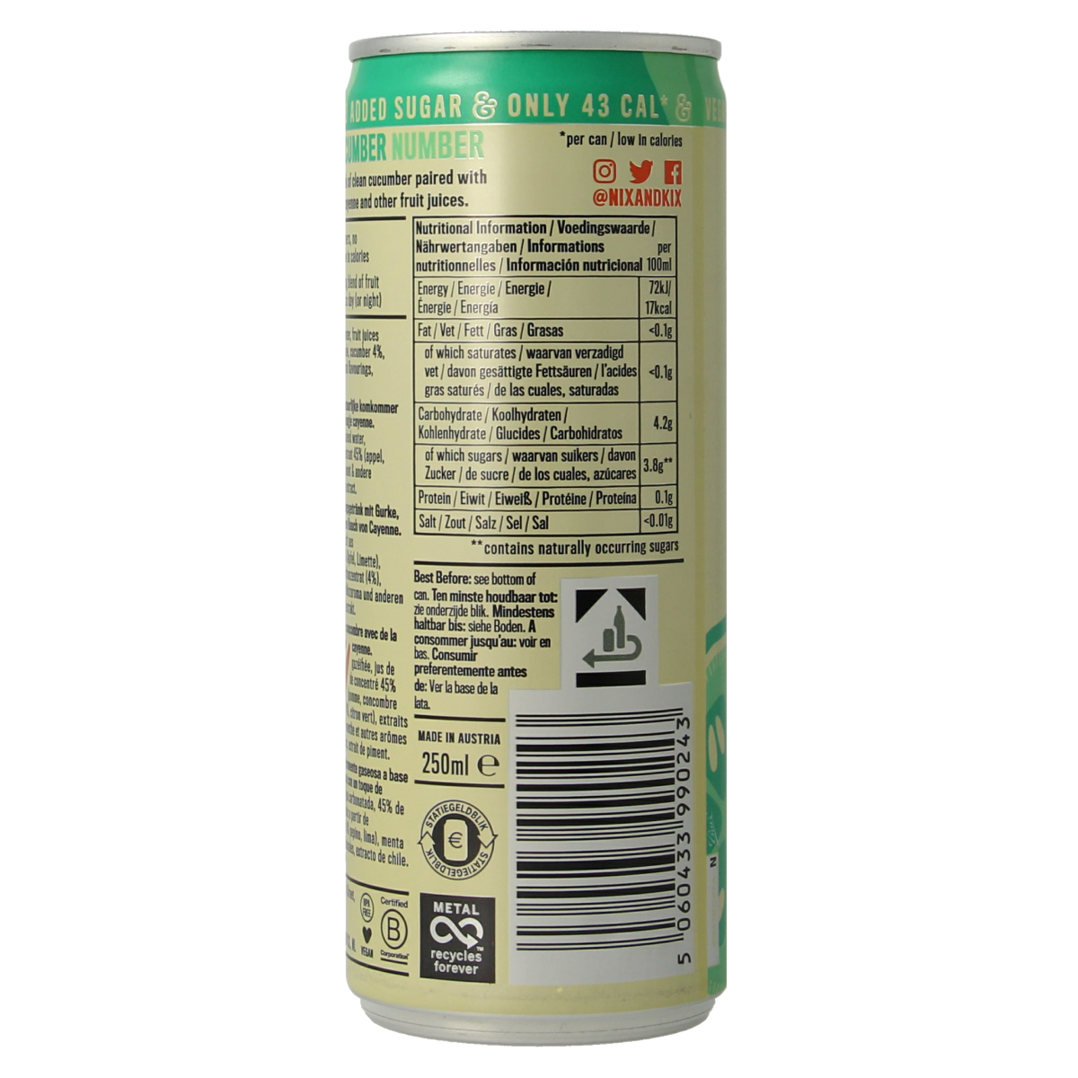 Nix & Kix cucumber mint flavored drink in a 250ml can, refreshing beverage from the drinks and juices category.