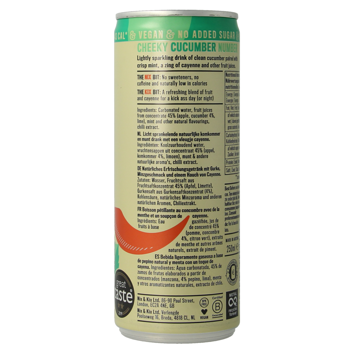 Nix & Kix cucumber mint drink in 250ml can, refreshing beverage with cucumber and mint flavor, in a colorful aluminum can.