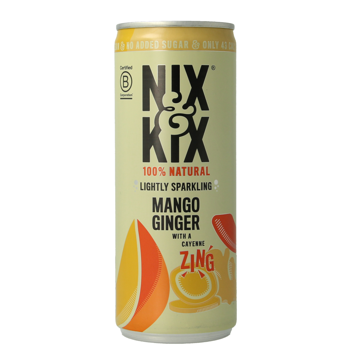 Nix & Kix Mango Ginger Drink in 250ml can, refreshing beverage with mango and ginger flavor, on a white background.