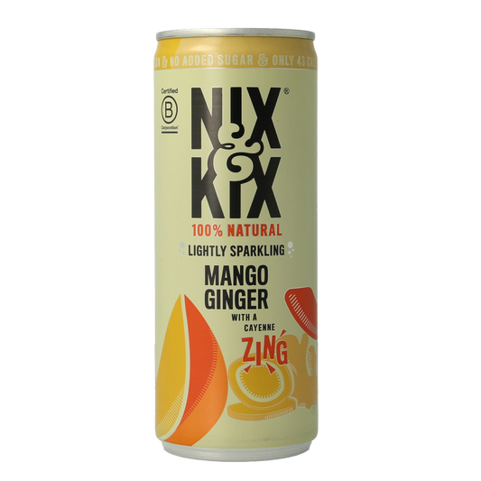 Nix & Kix Mango Ginger Drink in 250ml can, refreshing beverage with mango and ginger flavor, on a white background.