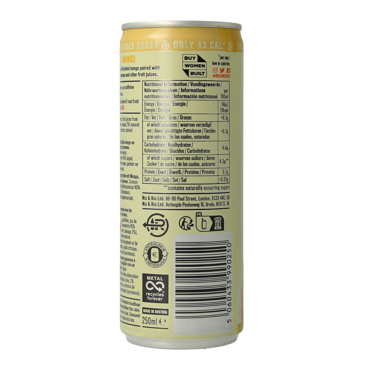 Nix & Kix Mango Ginger Drink can 250ml with vibrant mango and ginger imagery on the label
