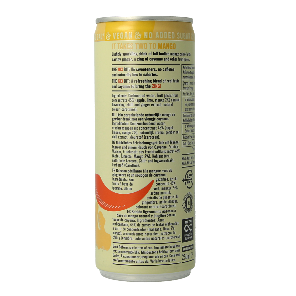 Nix & Kix Mango Ginger drink can, 250ml, featuring a vibrant label with images of mango and ginger for refreshing flavor.