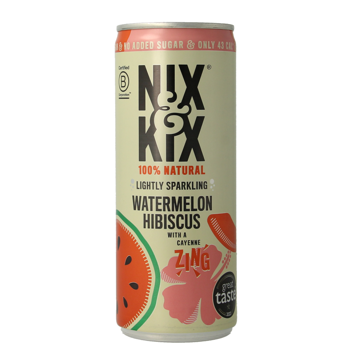 Nix & Kix Watermelon Hibiscus drink in a 250ml can, featuring vibrant watermelon and hibiscus flavors, on a white background.