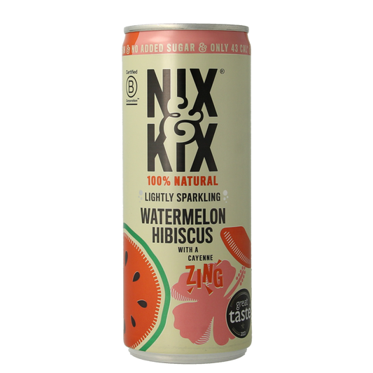 Nix & Kix Watermelon Hibiscus drink in a 250ml can, featuring vibrant watermelon and hibiscus flavors, on a white background.