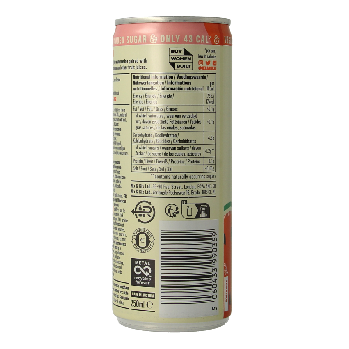 Nix & Kix Watermelon Hibiscus drink can, 250ml, featuring a colorful watermelon and hibiscus floral design on the label.