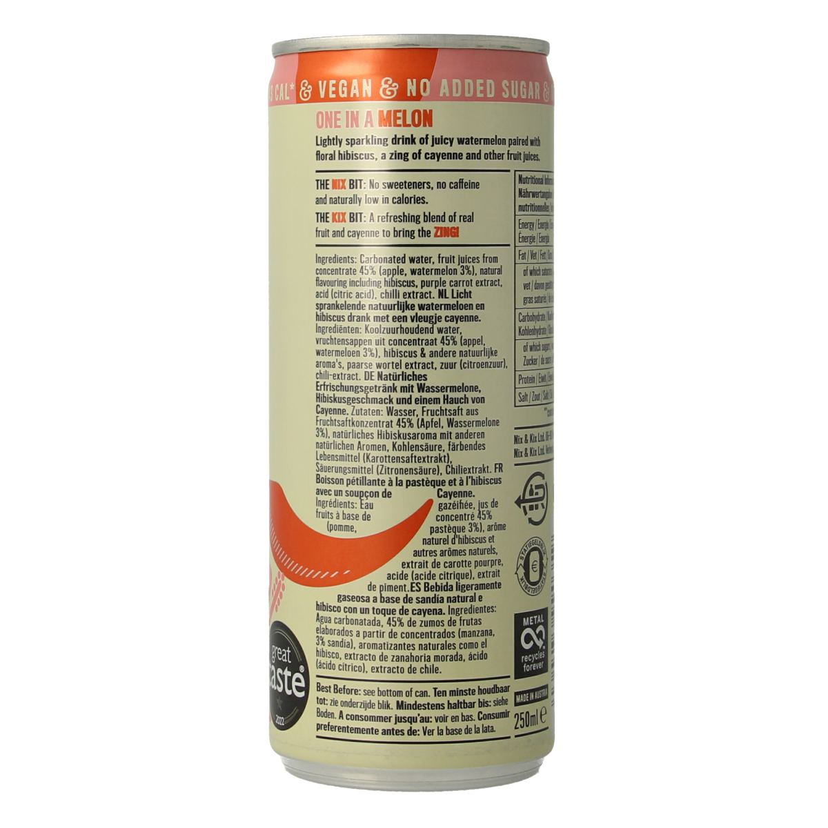 Nix & Kix Watermelon Hibiscus drink in a 250ml can, featuring a vibrant watermelon and hibiscus floral design.
