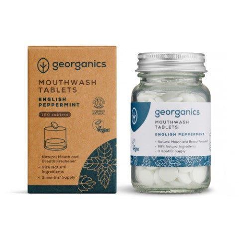 Georganics peppermint mouthwash tablets in a container, 180 tablets for oral care and fresh breath.