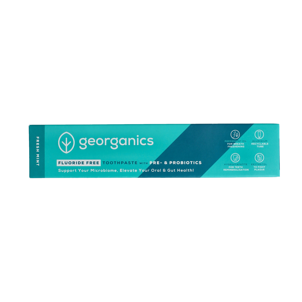 Georganics probiotic fresh mint toothpaste in a 75ml tube, natural oral care for healthy teeth and gums.