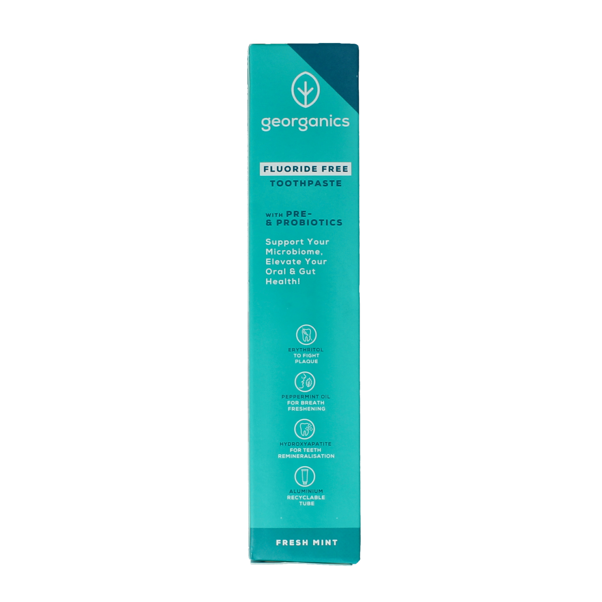 Georganics probiotic fresh mint toothpaste in a 75ml tube, showing the packaging and product label.