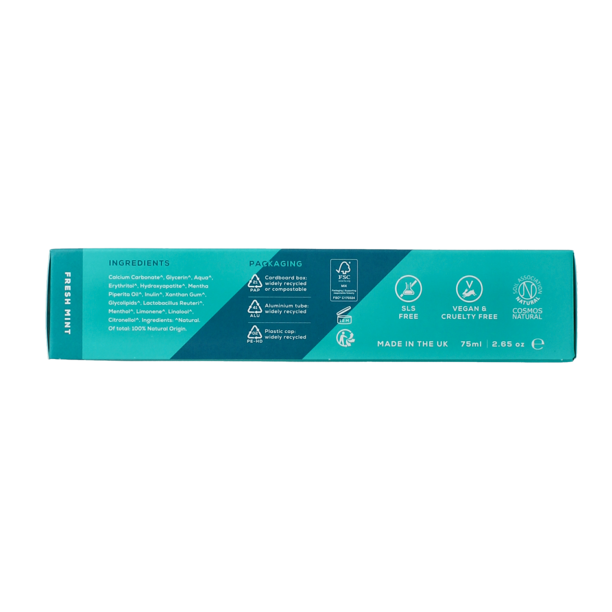 Georganics probiotic fresh mint toothpaste in a 75ml tube, with a white and green label showing mint leaves and natural ingredients.