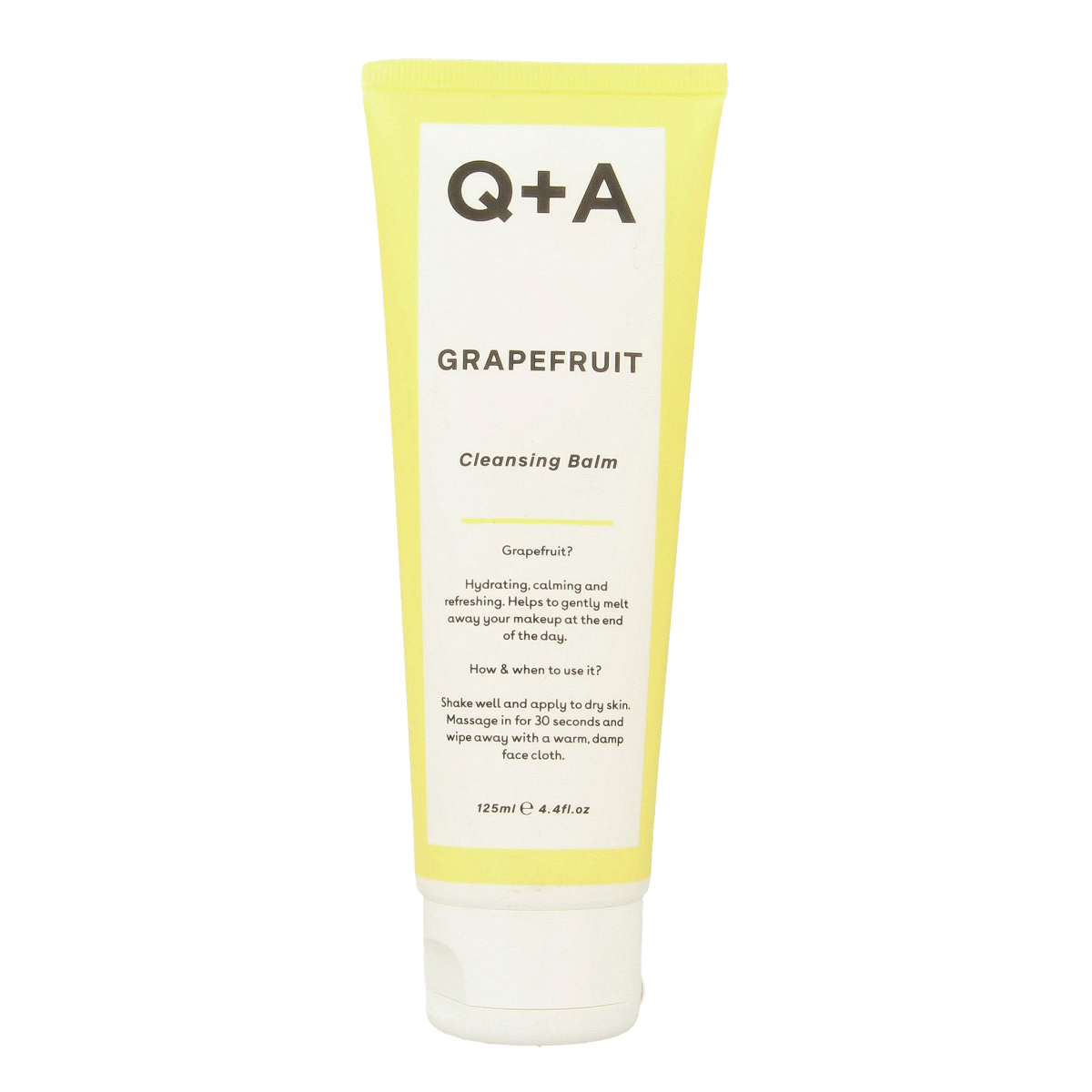 Q+A Grapefruit cleansing balm in 125ml jar, featuring a smooth, pink balm for face cleansing and skincare.