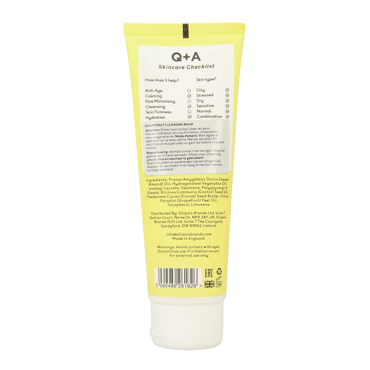 Q+A Grapefruit cleansing balm in a 125ml jar, featuring a vibrant grapefruit design, for gentle facial cleansing and skincare.