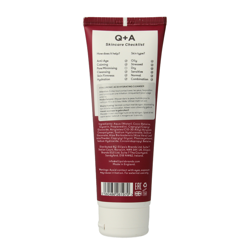 Q+A Hyaluronic Acid Cleansing Gel bottle, 125ml, for facial skincare, with clear label and transparent packaging.